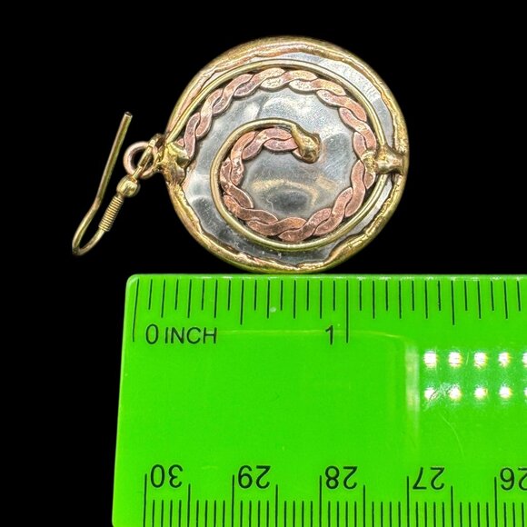 Artisan Made Pierced Earrings Mixed Tooled Metal Copper Brass Circle Statement - Picture 3 of 4